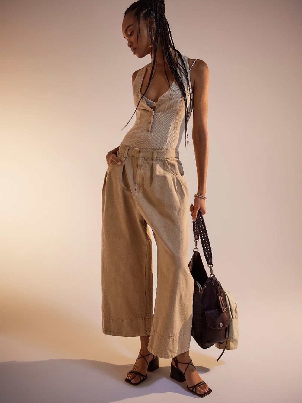 Free People Beige Wide-Leg Cropped Pants